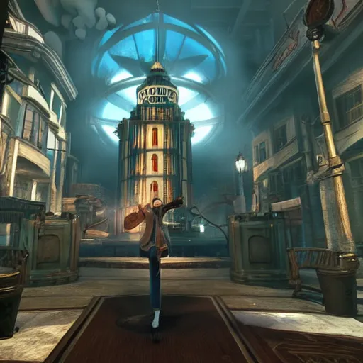 Image similar to bioshock infinite as propaganda of calibrum daerganzi, justify content center, realistic content, detail content, medium long shot content, photorealistic content, 4 k, 1 5 content color, incrinate, sharp focus, wet, yellow lighting
