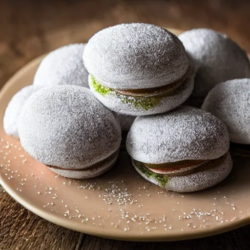 Image similar to powdered donuts stuffed with sliced pickles on an ornate table, high resolution photograph, romantic lighting