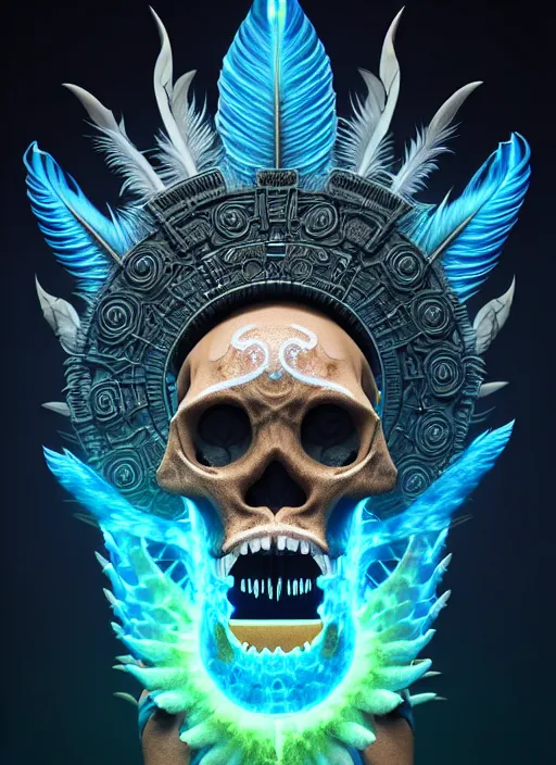 Image similar to 3 d shaman with tattoos profile portrait, sigma 5 0 0 mm f / 5. beautiful intricate highly detailed quetzalcoatl skull and feathers. bioluminescent, plasma, lava, ice, water, wind, creature, thunderstorm! artwork by tooth wu and wlop and beeple and greg rutkowski, 8 k trending on artstation,