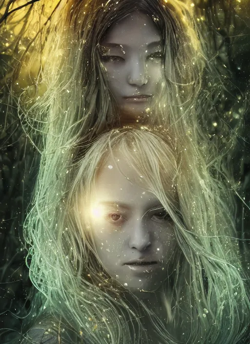 Prompt: glowing silver and golden elements, head and shoulder portrait, young female model from shutterstock as a evil witch, book cover, green forest, white moon, red lips, establishing shot, extremly high detail, photo-realistic, cinematic lighting, pen and ink, intricate line drawings, by Yoshitaka Amano, Ruan Jia, Kentaro Miura, Artgerm, post processed, concept art, artstation, matte painting, style by eddie, raphael lacoste, alex ross