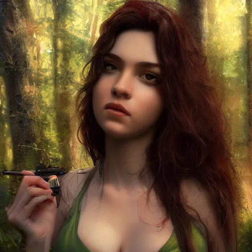 Prompt: sexy girl protrait, in a forest with a lot of sun, character portrait, james gurney, character concept style trending on artstation, detailed face, concept art, detailed, octane render cinematic, photo-realistic, 8k, high detailed