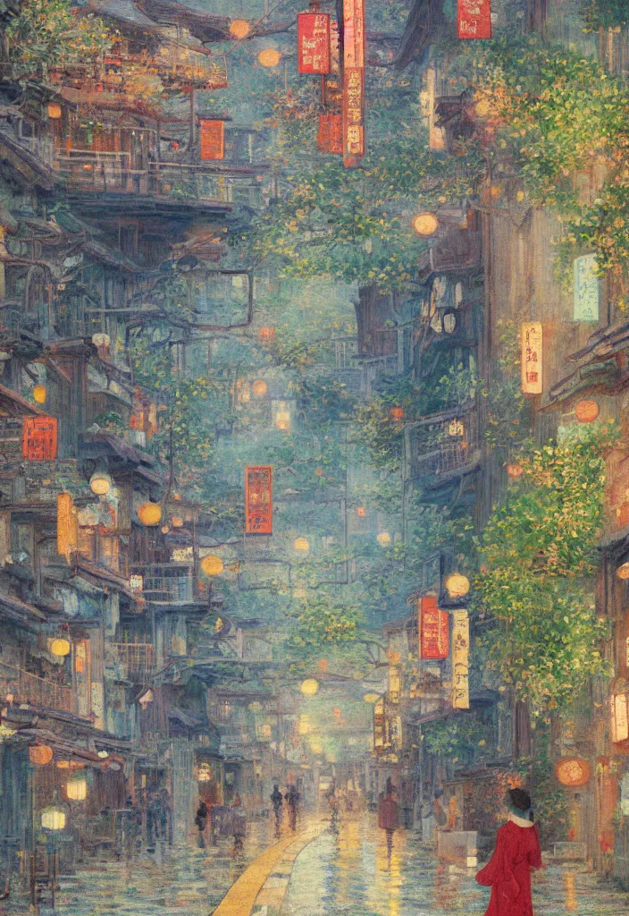 Image similar to a beautiful japanese city near the sea, amazing ryokans and gorgeous edo era houses, intense cyberpunk, lofi vibe, colorful, vivide colors, oil painting in impressionist style, by jeremy lipkin, by claude monet, by makoto shinkai, multiple brush strokes, inspired by ghibli, masterpiece, beautiful