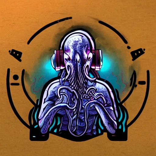 Image similar to ilithid mindflayer with headphones playing synthesizers, D&D, sigils, glowing candles,