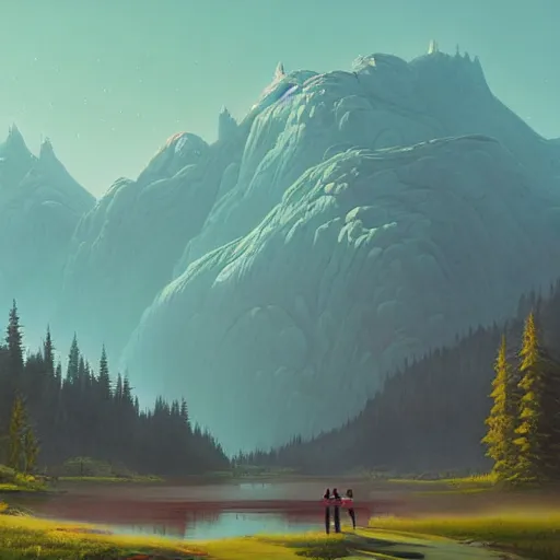 Image similar to A large picturesque mountain with a river flowing between them by Simon stålenhag