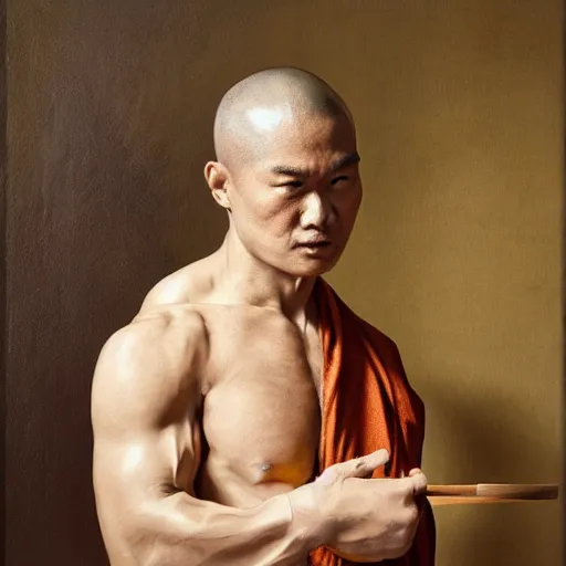 Prompt: cow bodybuilder wearing a monk robes holding incense burner. natural lighting by ruan jia, portrait