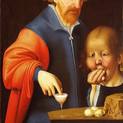 Image similar to A renaissance oil painting of a man drinking milk