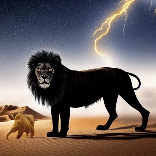 Image similar to portrait of a black lion with gold lightnings in the fur in the middle of the desert , concept art, huge scale, photorealistic, high details by Nick Nichols