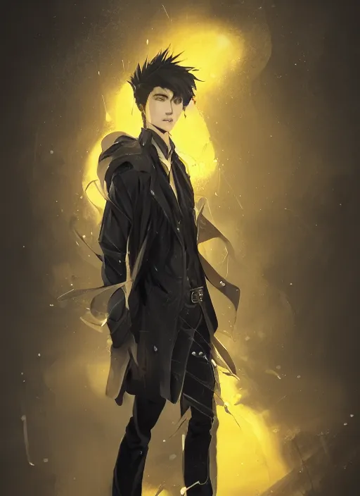 Image similar to a highly detailed illustration of young attractive japanese guy wearing black detective coat, yellow eyes, dramatic standing pose, hyperdetailed perfect face, intricate, elegant, highly detailed, centered, digital painting, artstation, concept art, smooth, sharp focus, league of legends concept art, wlop.