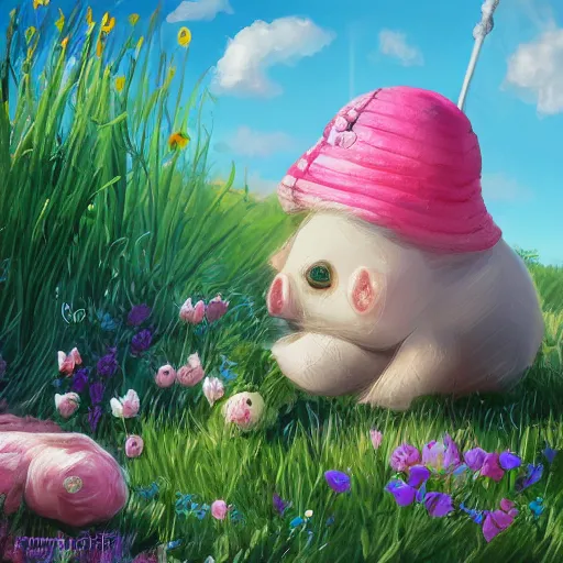 Image similar to cute and adorable little piggy pig doing some gardening wearing a cute hat, highly detailed, digital painting, artstation, concept art, smooth, sharp focus, illustration, art by yee chong and sydney hanson