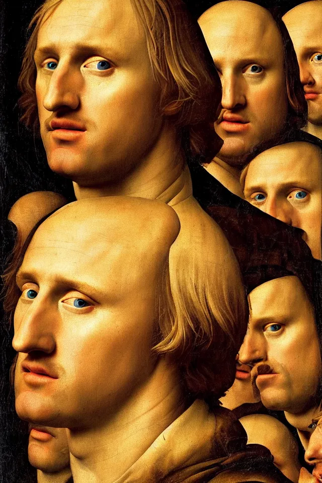 Image similar to bizarre renaissance portrait of owen wilson in a sea of thousands of highly detailed potatos, dramatic cinematic lighting, 8 k, beautiful intricate painting