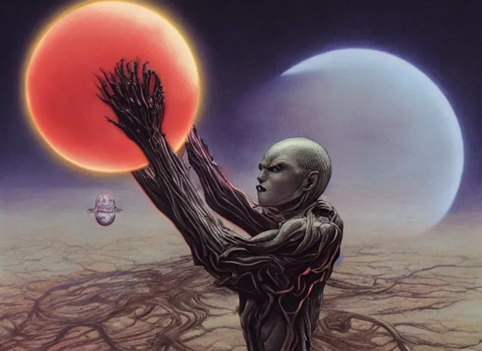 Image similar to griffith holding behelit during the eclipse from berserk, creepy, melting, since, horror, art by wayne barlowe, giger, artgerm