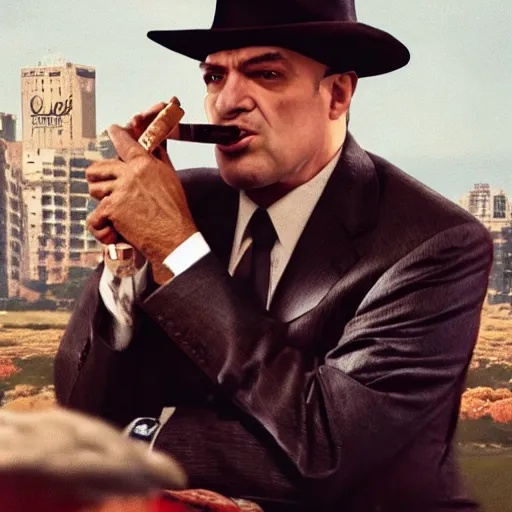 Image similar to saul goodmen as a mafia boss with cigar in mout, 8k, realistic,