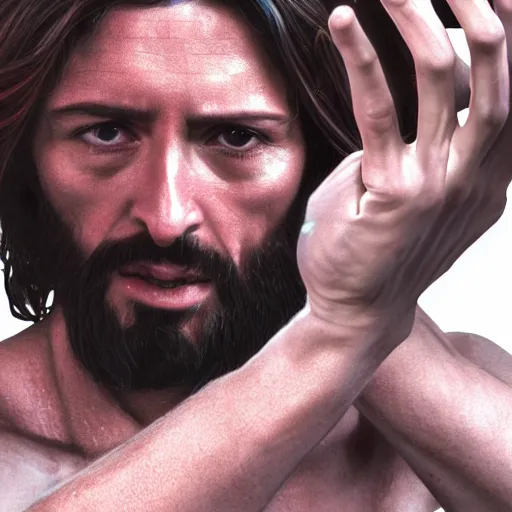 Image similar to uhd real 8 k photo of jesus showing his middle finger, digital art, portrait, portrait concept art, special effects, finely detailed, studio lighting, correct details, correct face, accurate middle finger