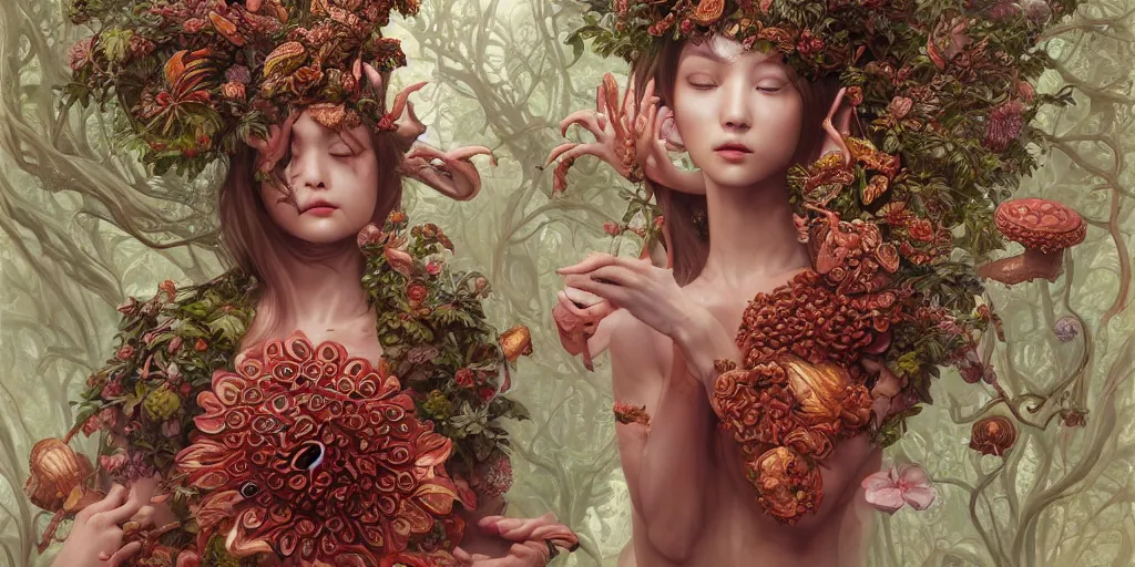 Image similar to breathtaking detailed concept art painting of the goddess of rafflesia arnoldii flowers, orthodox saint, with anxious, piercing eyes, ornate background, amalgamation of leaves and flowers, by Hsiao-Ron Cheng, James jean, Miho Hirano, Hayao Miyazaki, extremely moody lighting, 8K