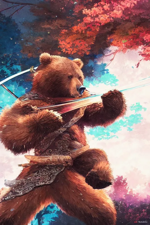 Prompt: key anime visuals rendering of a bear dressed as a ninja fighting with a katana. colorful design. higly detailed, intricate, greg rutkowski, directed by makoto shinkai, anime manga style, trending on art station.