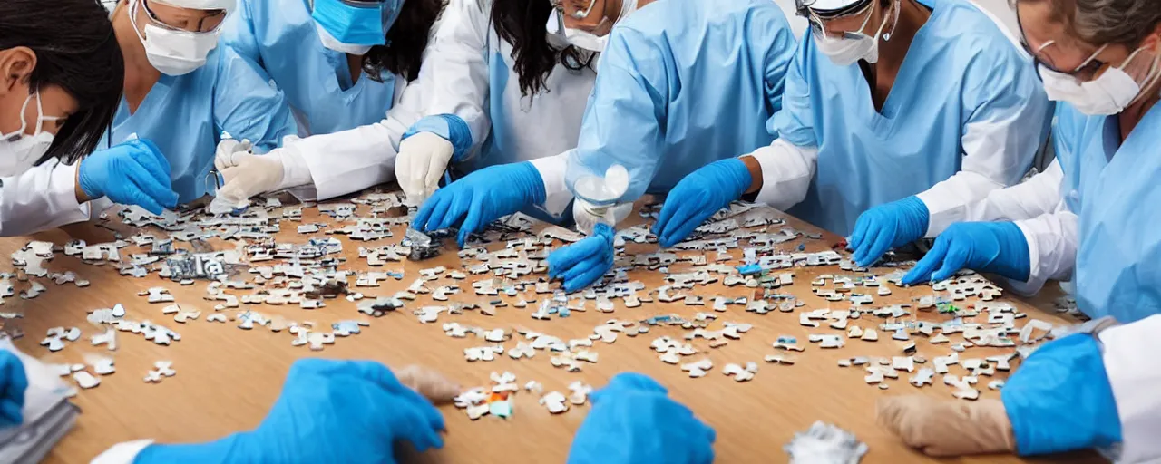 Prompt: a group of surgeons performing an operation on a jigsaw puzzle on a table