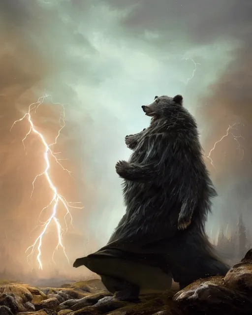 Image similar to oil painting of Anthropomorphized Bear Sorcerer casting spell, magical runes flying, wearing fur cloak, sharp focus, lightning storm background, magical aura, evil, heroic pose, fantasy style, octane render, volumetric lighting, 8k high definition, by greg rutkowski, highly detailed, trending on art Station, magic the gathering artwork, Thunderstorm background, centered, dramatic artwork