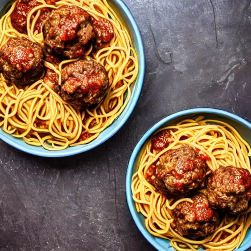 Prompt: dinosaurs in a bowl of spaghetti and meatballs