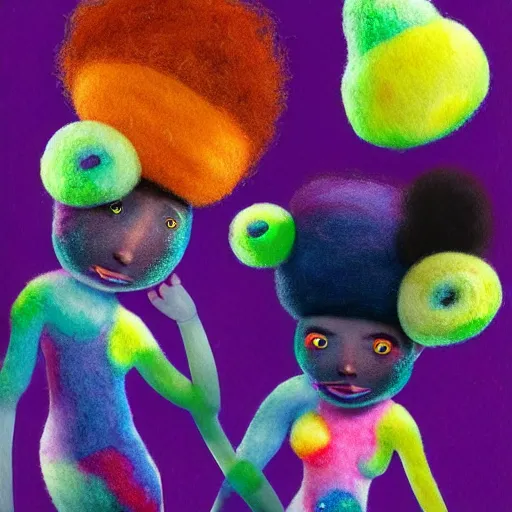 Prompt: a black girl with a colorful afro and big colorful eyes playing in the snow, bright colours, bokeh!! watercolor, volumetric wool felting, macro photography, children illustration, by goro fujita