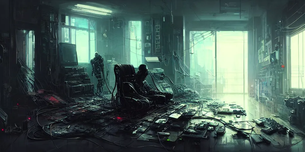 Prompt: a cyborg sitting on the floor, inside an old apartment, cybernetic parts and wires and cables scattered across the floor, dystopian aesthetics, cyberpunk, detailed oil painting, misty, cinematic, dramatic lighting, ominous, by ilya kuvshinov and ruan jia and jeremy mann