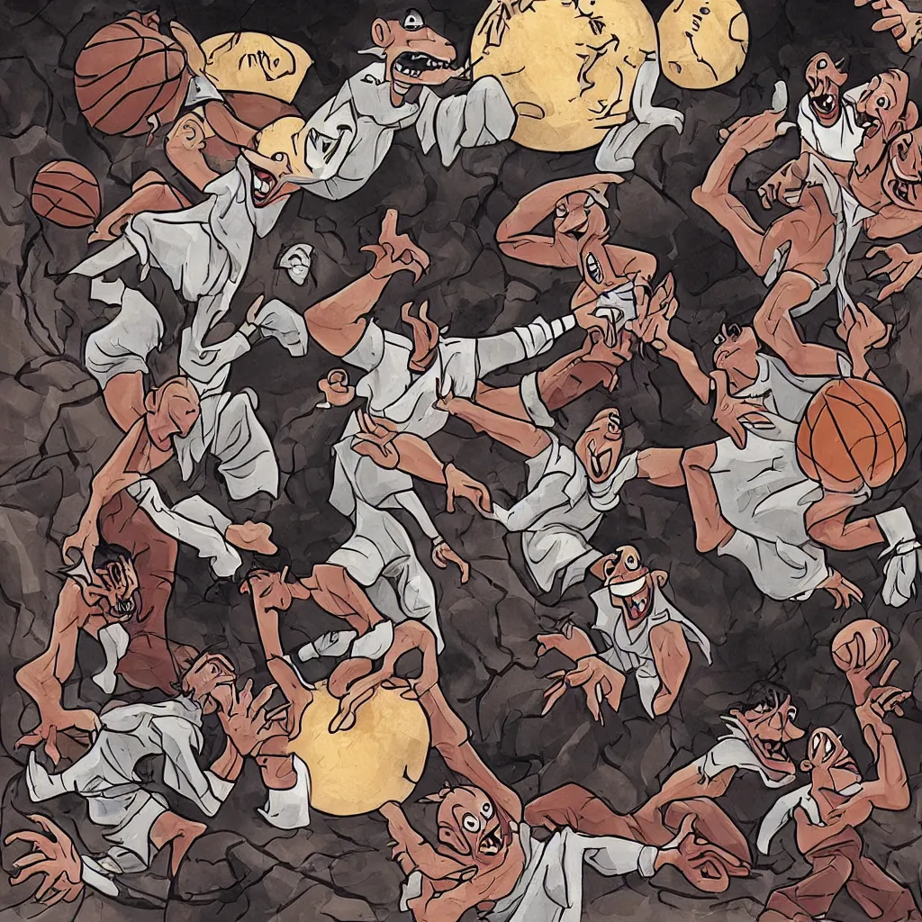 Prompt: a ghost, an alien, a werewolf and a vampire playing basketball together, lowbrow, surealistic, hd