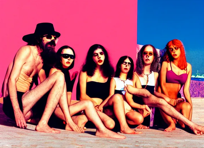 Image similar to photo of dadcore occult wizards and momcore witches on vacation in ibiza, by richard corben by william eggleston by annie leibovitz, fujifilm velvia 5 0. masterpiece. intricate, hyper realism, high detail, octane render, unreal engine, 8 k, by katsuhiro otomo