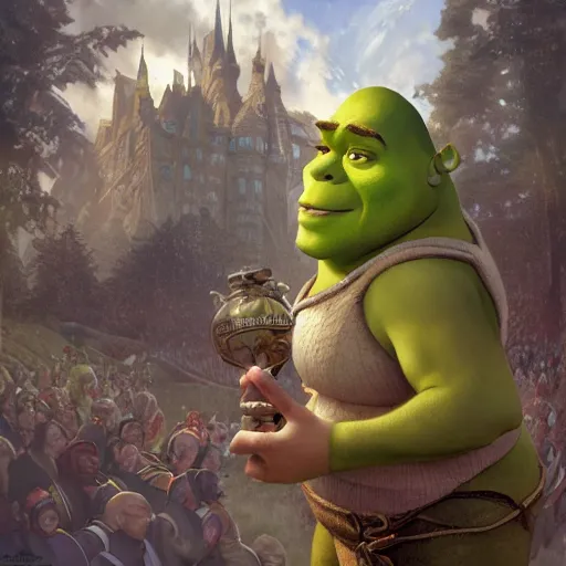 Image similar to shrek in the olympics, highly detailed, digital painting, artstation, concept art, smooth, sharp focus, illustration, art by artgerm and greg rutkowski and alphonse mucha