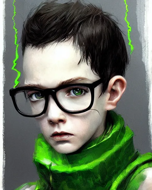 Prompt: boy thin face, black hair, and bright green eyes. wearing round glasses held together with a lot of scotch tape, lightning bolt scar on forehead, hyper realistic face, beautiful eyes, fantasy art, in the style of greg rutkowski, intricate, hyper detailed, smooth