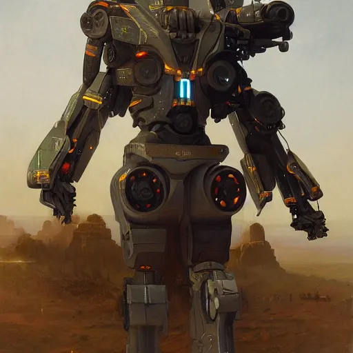 Image similar to epic painting of a realistic four - legged intricate battle robot, rule of thirds, golden ratio, subject in center of frame, trending on artstation, detailed science fiction matte painting by artgerm and greg rutkowski and alphonse mucha,