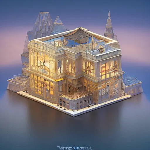 Prompt: layered geometric floating building, intricate structure, elegant, by Thomas Kinkade and Wojciech Siudmak , cinematic lighting, 20 megapixels , Rendered in Cinema4D, octane , very realistic