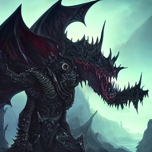 Image similar to dark fantasy concept of a vampire dragon god, with dark matter and molten armor on a mountain, cinematic, dynamic lighting, photorealistic, ultra detailed, trending on art station, stunning visuals, creative, hyper detailed