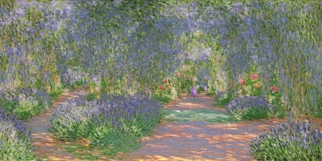 Image similar to enchanted garden, lavender and teal, pathway, flowers, high detail, matte painting, impressionism, by Claude Monet,