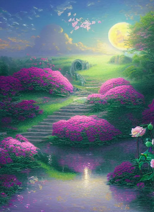 Prompt: a beautiful painting of peony, moon, palace, cloud, butterfly, light effect, by thomas kinkade