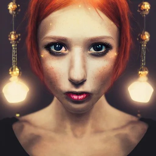 Image similar to redhead girl in black dress in beautiful castle, black pearls and golden gems, glowing eyes, light freckles, portrait, conceptart, medium shot, unreal, octane, symmetrical, photorealism