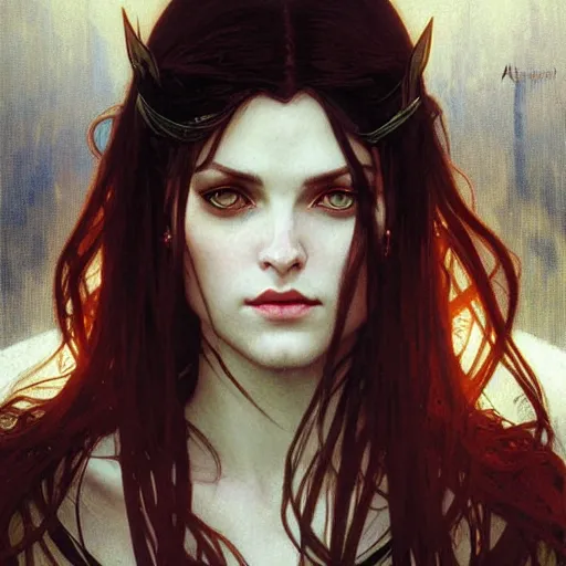 Image similar to Portrait of a pretty half-elf half-vampire young woman. Her hair has black strands and white strands. Red irises and vertical pupils. Art by Greg Rutkowski and Alphonse Mucha