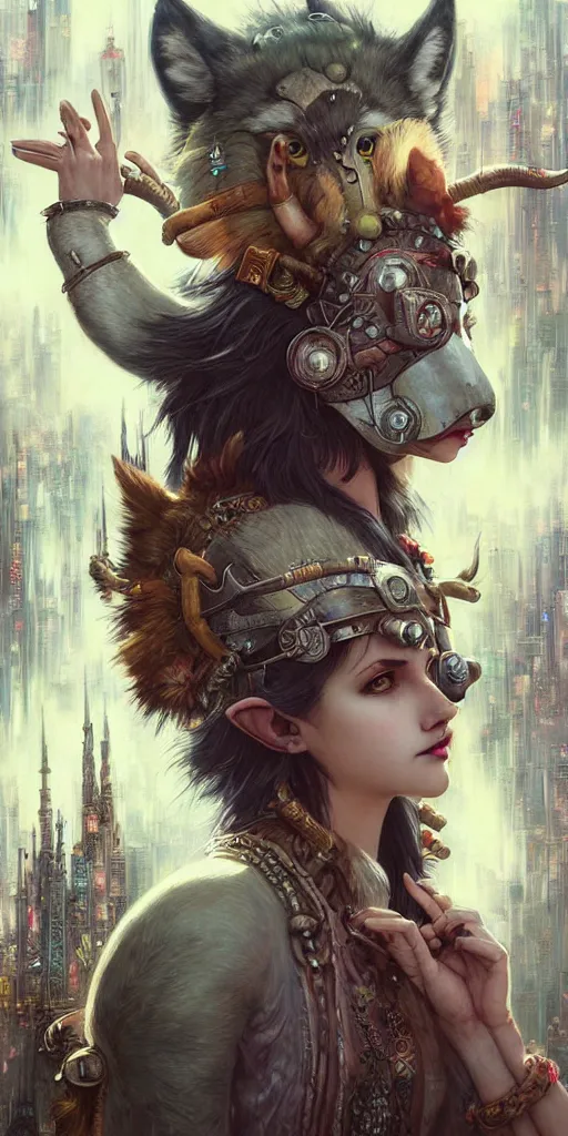 Image similar to hyper realistic Princess Mononoke in her mask, busy cyberpunk metropolis, city landscape, wolves, magic, castle, jewels, style of tom bagshaw, mucha, james gurney, norman rockwell, denoised, sharp