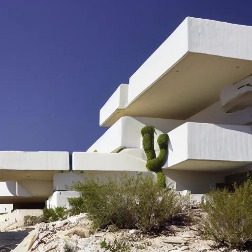 Image similar to habitat 6 7, white lego architect building in the dessert, many plants and infinite pool