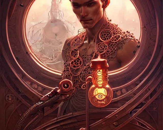 Prompt: A man with mechanical eyes, art nouveau, fantasy, intricate copper pipe designs, elegant, highly detailed, sharp focus, art by Artgerm and Greg Rutkowski and WLOP