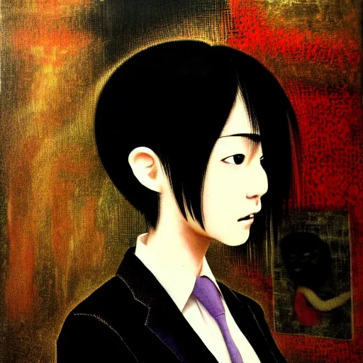 Image similar to yoshitaka amano blurred and dreamy realistic three quarter angle portrait of a young woman with short hair and black eyes wearing office suit with tie, junji ito abstract patterns in the background, satoshi kon anime, noisy film grain effect, highly detailed, renaissance oil painting, weird portrait angle, blurred lost edges