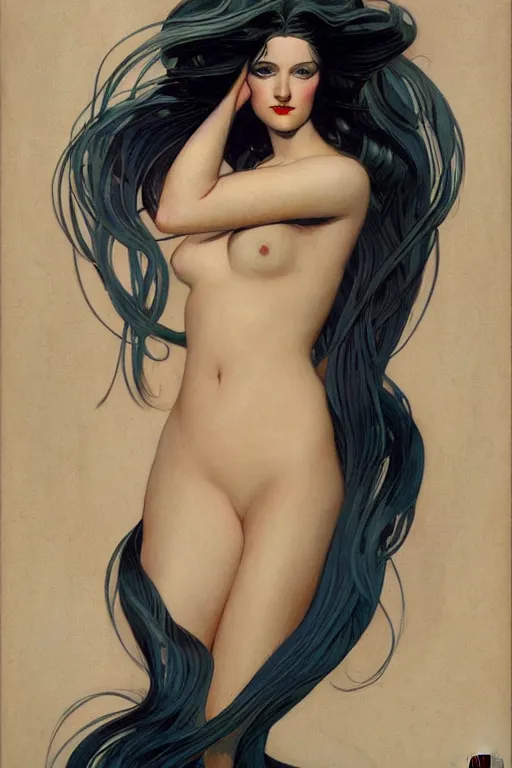 Prompt: Portrait, body centered, dark sultry beautiful mermaid with long flowing hair, iridescent scales on her body, fish tail, by j.c. Leyendecker, Brom, face by Otto Schmidt