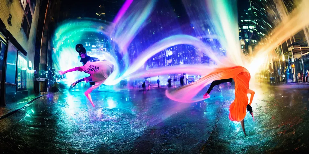 Image similar to fisheye lens slow motion with trail effect of futuristic break dancer wearing floating long dress with neon lights, long exposure shot , at night in the middle of a rainy wet street, paddle of water, steam, fog, water splashes, rim lights, glossy reflections, water droplets on lens, octane render, dark and dramatic, fire explosions in the background, detailed and soft, fisheye lens, smooth, sharp focus, illustration, art by artgerm and greg rutkowski and Annie Leibovitz, graphic glitches