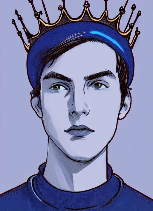 Image similar to portrait of teenage jughead jones wearing a light grey crown, crown, blue turtleneck, 1 9 5 0 s, closed eyes, photorealistic, black hair, glowing lighting, intricate, elegant, glowing lights, highly detailed, digital painting, artstation, concept art, smooth, sharp focus, illustration, art by wlop, mars ravelo and greg rutkowski