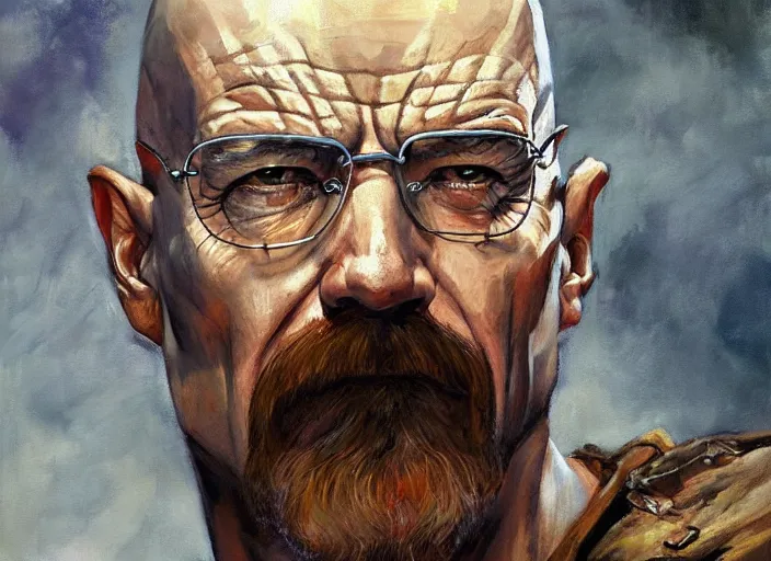 Image similar to a highly detailed beautiful portrait of walter white as kratos, by gregory manchess, james gurney, james jean