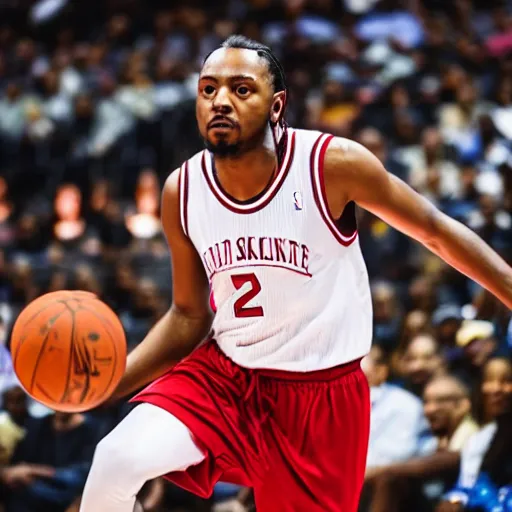 Prompt: Kendrick Lamar playing basketball in the NBA, high quality, dslr photo