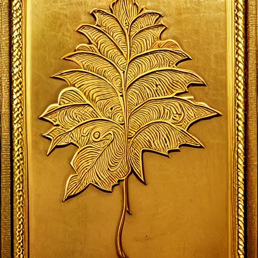 Prompt: ornate engraved carving of autumn leaves on a gold panel