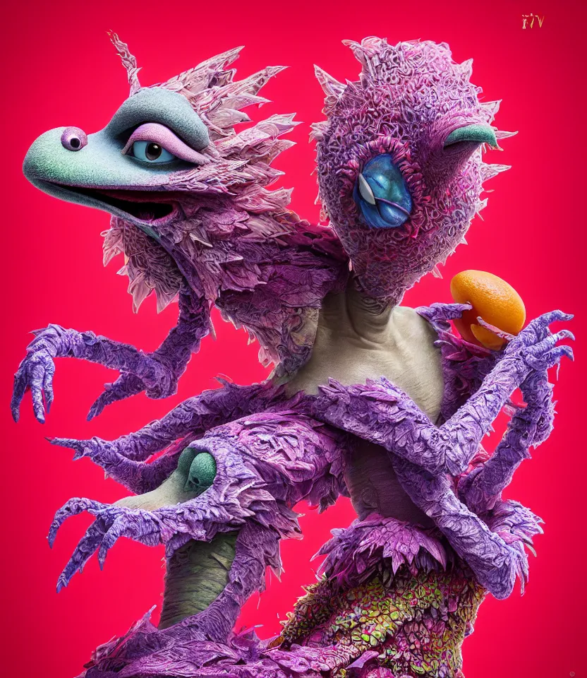 Image similar to hyper detailed 3d render like a Oil painting - kawaii portrait of two Aurora (a beautiful skeksis muppet fae princess protective playful expressive acrobatic from dark crystal that looks like Anya Taylor-Joy) seen red carpet photoshoot in UVIVF posing in scaly dress to Eat of the Strangling network of yellowcake aerochrome and milky Fruit and His delicate Hands hold of gossamer polyp blossoms bring iridescent fungal flowers whose spores black the foolish stars by Jacek Yerka, Ilya Kuvshinov, Mariusz Lewandowski, Houdini algorithmic generative render, golen ratio, Abstract brush strokes, Masterpiece, Edward Hopper and James Gilleard, Zdzislaw Beksinski, Mark Ryden, Wolfgang Lettl, hints of Yayoi Kasuma and Dr. Seuss, octane render, 8k