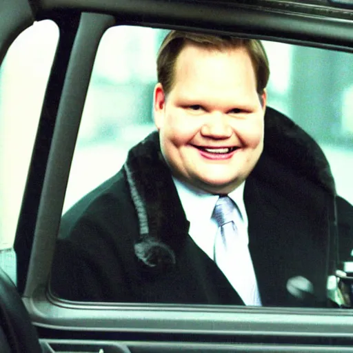 Image similar to 1 9 9 8 andy richter wearing a black wool coat and necktie in his car driving through the streets of chicago at night, pov back seat of car, cozy atmosphere