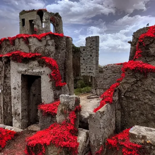 Prompt: the ruins of a village made out of stone on top of a cloud, overgrown with red vines, with a broken stone statue of a man in the middle of the ruins