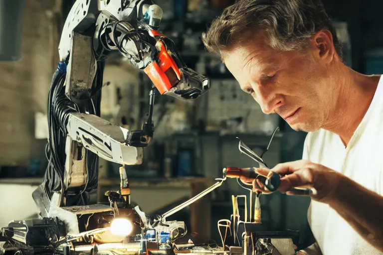 Image similar to cinematography closeup portrait of a Man soldering repairing robot parts in his garage by Michael Bay