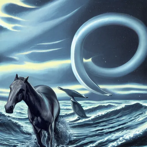 Prompt: horse grayhound dolphin, foreground, carnivorous, sleek ::0.1 blasted wasteland of brutalist ruins ::0.1 bleak spiral aurora overhead ::0.2 naturalist painting of the last of its kind, by Beszinski, Barlowe, Audobon, and Ansel Adams